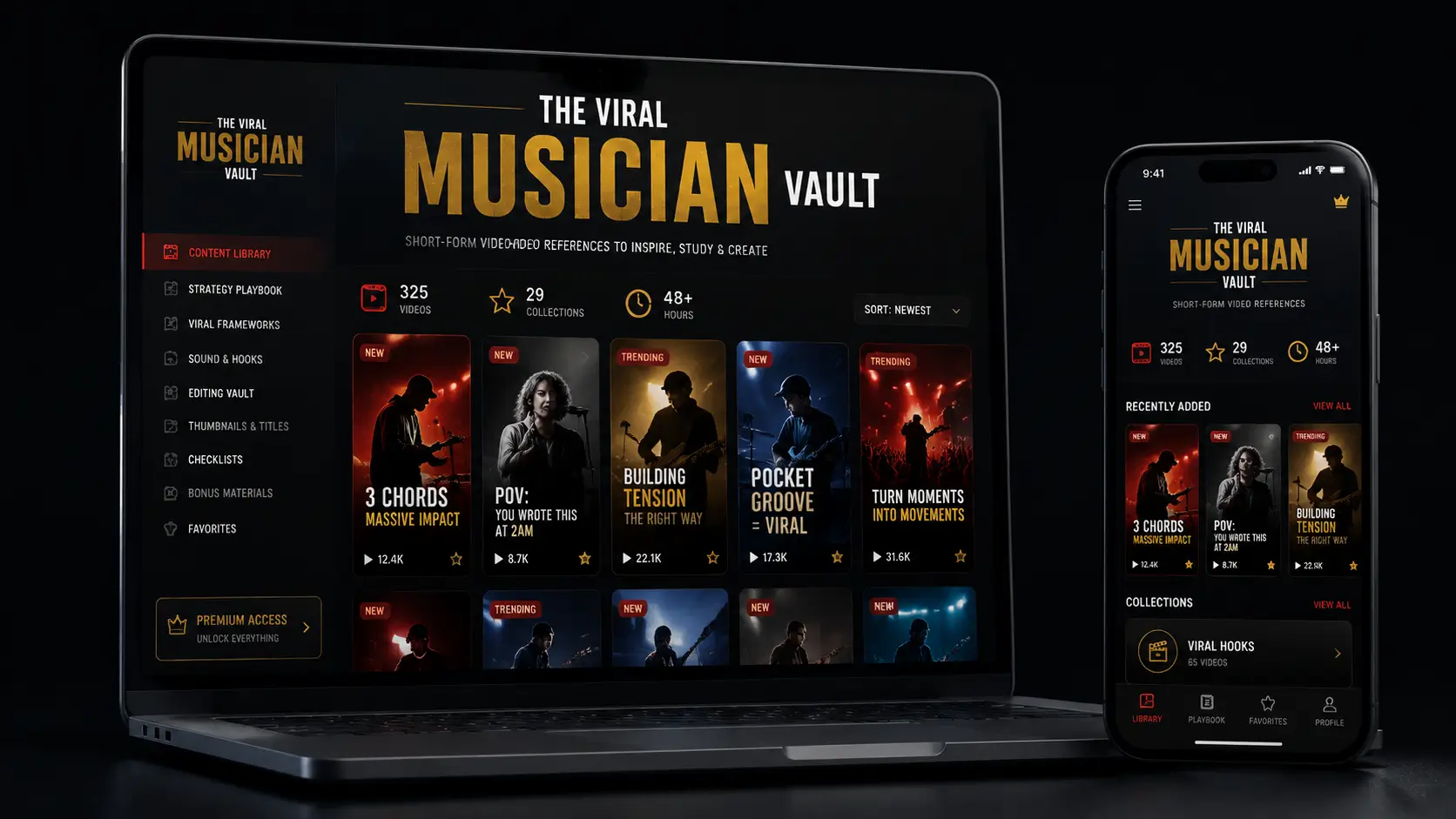 The Viral Musician Vault open on laptop and phone