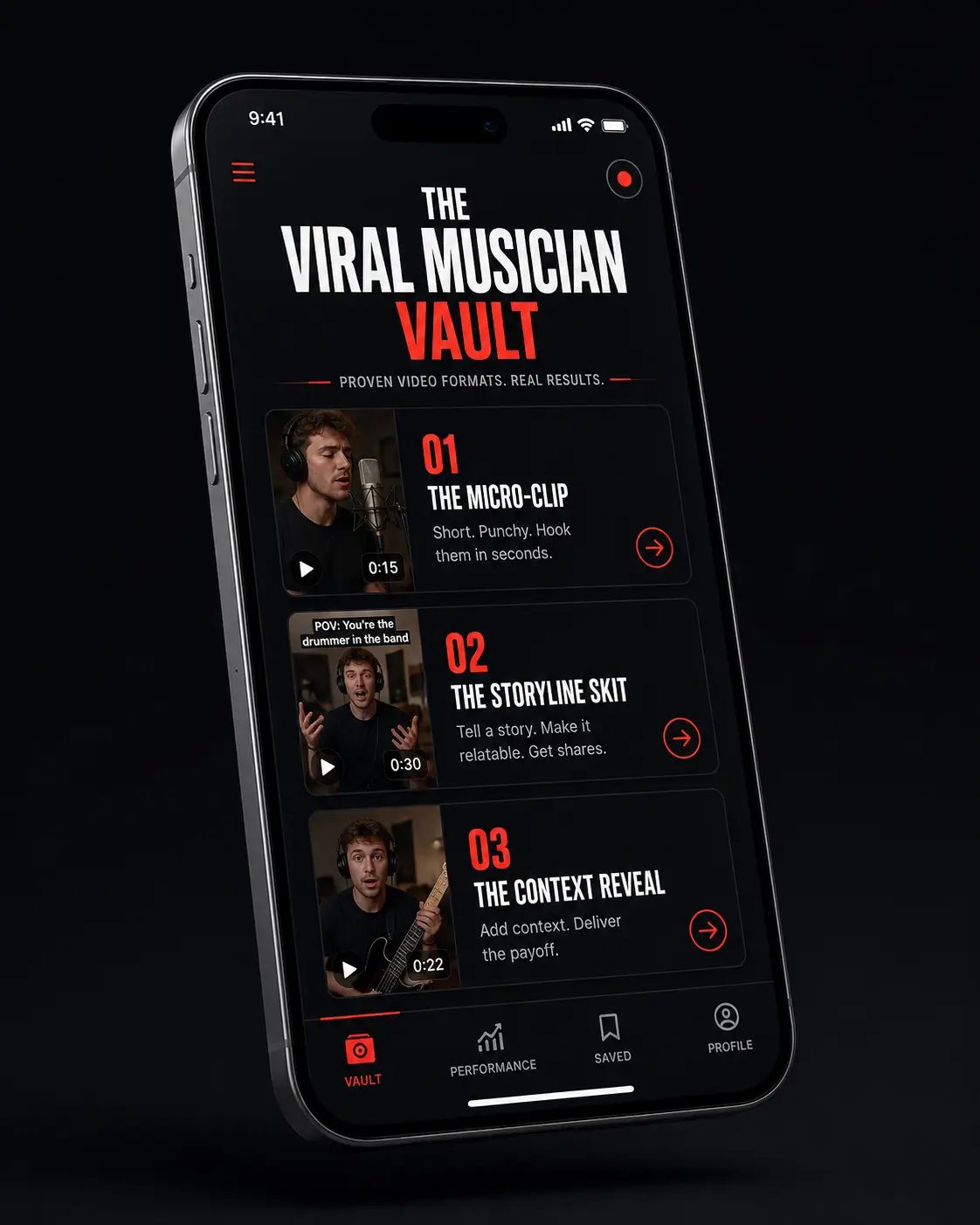 The Viral Musician Vault app showing numbered video formats